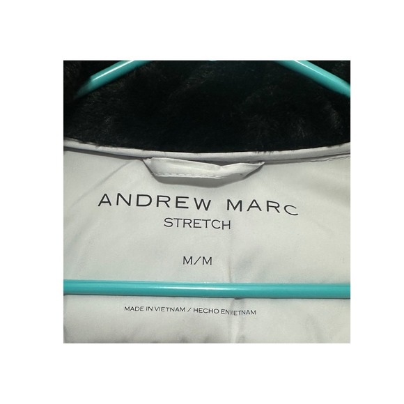 Andrew Marc Stretch Light Gray Hooded Puffer Parka Coat Faux Fur Collar Womens M
